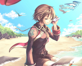 Beach girl bird seagull anime - above her head free wallpaper