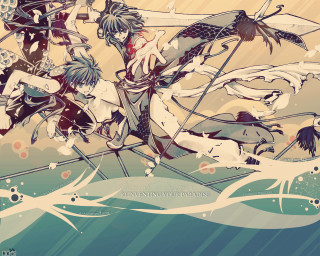 Ocean boat group anime fantasy - lineart free wallpaper