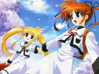 Anime girls holding hands sky - blue free wallpaper