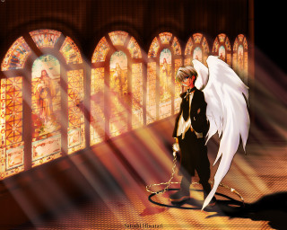 Angel wings stained glass cityscape - a white angel free wallpaper