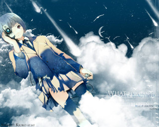 Girl blue dress flying clouds - visual art free wallpaper