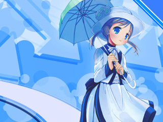 Woman white dress blue umbrella 2 - a blue umbrella free wallpaper