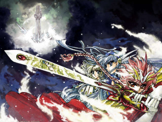Woman sword clouds tower aurora - a tower in the background free wallpaper