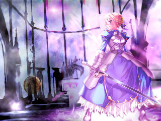 Purple armored woman sword glowing - a purple light behind her free wallpaper