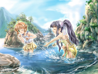 Anime girls water rock formation - a detailed drawing free wallpaper
