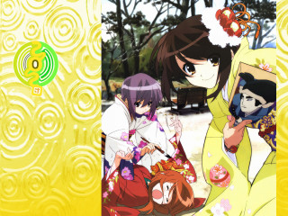 Anime characters yellow background floral - swirl free wallpaper