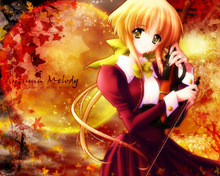 Anime girl violin autumn leaves - a violin free wallpaper