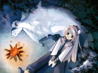 Girl wolf flying fireworks moon - her back free wallpaper