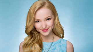 Blonde woman blue dress smile - a blue backdrop free wallpaper