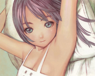 Girl blueeyes whiteshirt laying bed - eizan kikukawa free wallpaper