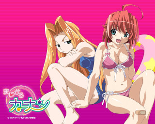 Anime girls bikinis pink background - a picture together free wallpaper