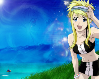 Woman bikini grass boat blue - a boat in the background free wallpaper