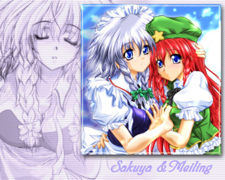 Sakuya melting anime hug illustration - net art free wallpaper