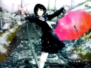 Woman pink umbrella snow train - analytical art free wallpaper