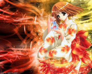 Woman kimono holding flame goldfish - background behind her free wallpaper