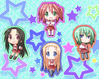 Four anime girls starry blue - different color free wallpaper