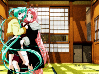 Anime characters hugging green hose - context art free wallpaper