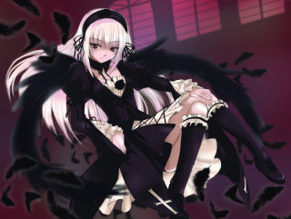 White haired woman black wings - black wing free wallpaper