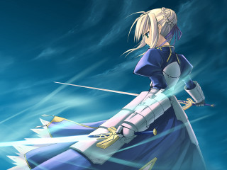 Woman blue dress sword clouds - a blue sky behind her free wallpaper