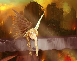 Angelic flyer cityscape flames wings - a painting of a girl free wallpaper