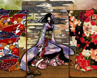 Woman kimono butterfly flowers sitting - nearby free wallpaper