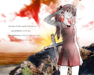 Girl red dress cross hill 2 - a sky background and a quote free wallpaper