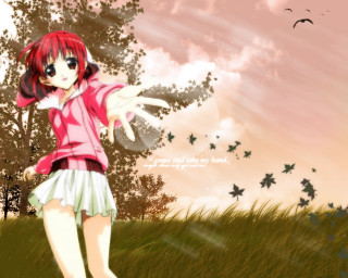 Girl field tree birds pink - above her free wallpaper