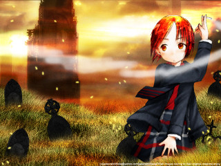 Red haired girl field clock - a clock tower in the background free wallpaper