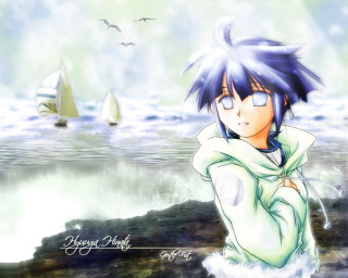 Anime boat sky ocean seagull - feng zhu free wallpaper