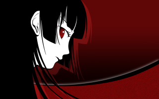 Woman red eyes long hair - a red curtain behind her free wallpaper