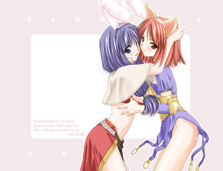 Anime girls hugging furry cat - a white background behind them free wallpaper