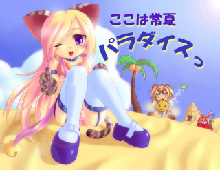 Cartoon girl beach cat palm - a cat free wallpaper