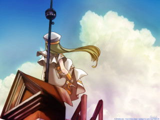 Cartoon girl roof flag clouds - a roof free wallpaper