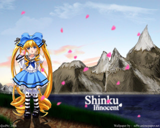 Anime blonde haired blue dress - pink petal free wallpaper