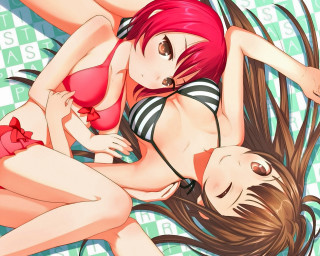 Two women bikinis bed green - a bed together free wallpaper