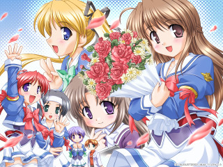 Anime girls flower bouquet blue - their hair free wallpaper