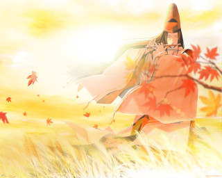 Woman red dress autumn leaves 2 - ayako rokkaku free wallpaper for desktop