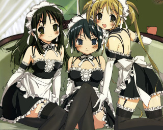 Three anime maid girls bed - a bed together free wallpaper