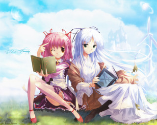 Anime girls reading outdoors green - a book in free wallpaper