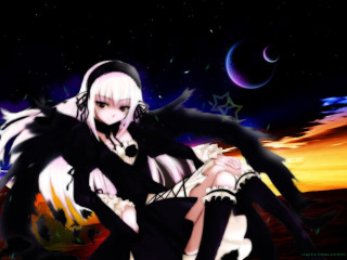 Gothic anime woman night sky - a chair in front free wallpaper