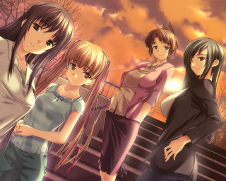 Sunset girls urban illustration 4girls - a bench in front free wallpaper