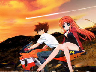 Sunset motorcycle neo romanticism redhaired - together free wallpaper