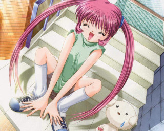 Girl pinkhair sitting dog rooftop - the ground behind her free wallpaper