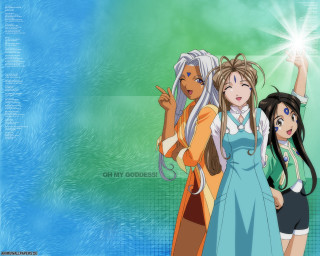 Three anime girls blue green - anime visual free wallpaper