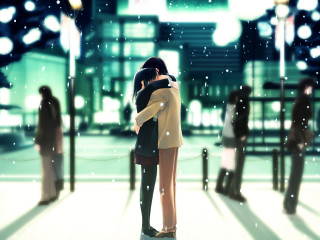 Romantic snowy night anime couple - a couple of people free wallpaper for desktop
