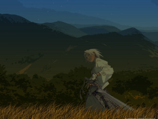 Woman sword field mountains night - a white dress holding free wallpaper