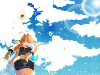 Anime girl gun sunflowers clouds - blue sky free wallpaper
