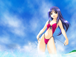 Woman ocean surfboard bikini blue - flowing hair free wallpaper