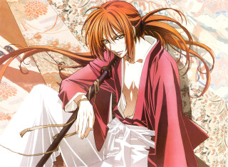 Woman long hair couch sword - sōsaku hanga free wallpaper
