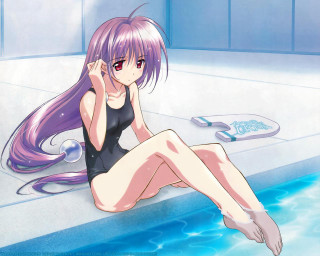 Girl poolside blackswimsuit purplehair redeyes - the wind free wallpaper